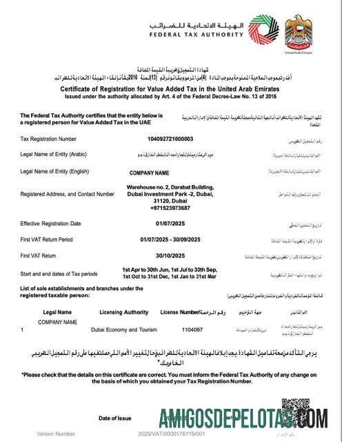 Certificado de registro dos Emirados Árabes Unidos para impressão para modelo Word e PDF de imposto sobre valor agregado